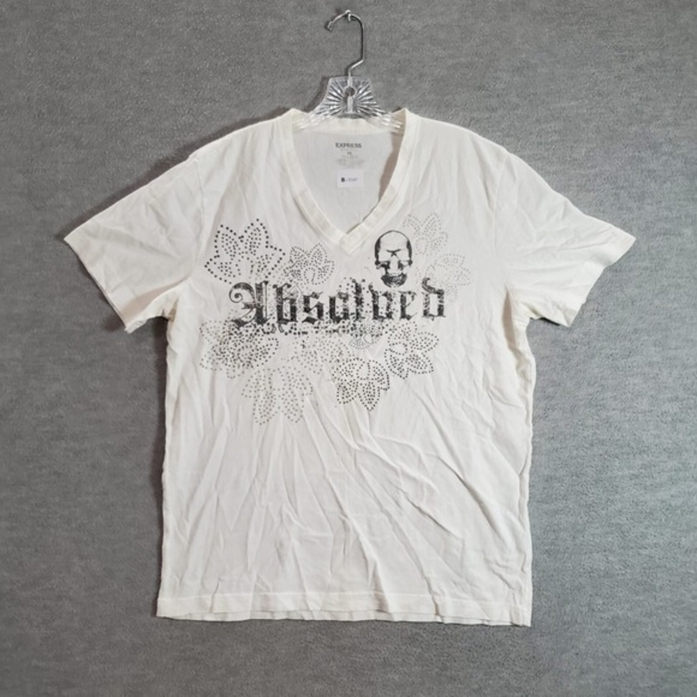 Express Women Top 2XL White Shirt Beaded Absolved Skull Grudge Graphic V Neck